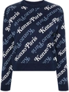 Kenzo Women's Allover Logo Wool Blend Jumper Sweater In Blue