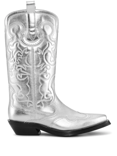 Ganni Recycled Metallic Embroidered Western Boots In Silver