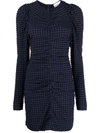 Ganni Ruched Long-sleeve Seersucker Mini Dress In 081 Deep Cobalt