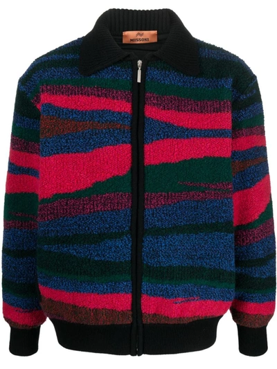 Missoni Virgin Wool Striped Bomber Jacket In Blue