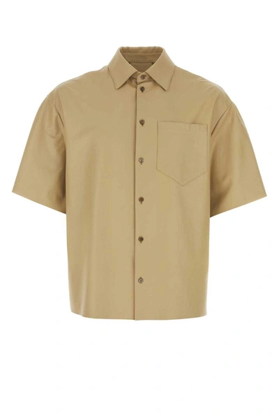 Prada Leather Shirt With Back Yoke And Chest Pocket In Beige O Tan