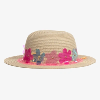 Billieblush Kids' Straw Flower-trim Hat In Pink