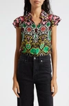 ALICE AND OLIVIA MARTEL MIXED PRINT FLUTTER SLEEVE SILK TOP