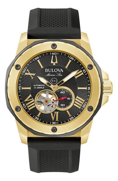 Bulova Men's Automatic Marine Star Black Silicone Strap Watch 45mm In (red   / Black / Gold Tone