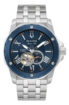 Bulova Marine Star Series A Mens Automatic Chronograph Silver Tone Stainless Steel Bracelet Watch 98a302 In Blue/ Silver
