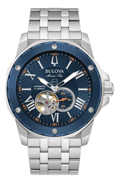 Bulova Men's Automatic Marine Star Stainless Steel Bracelet Watch 45mm In Blue