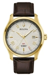 Bulova Men's Automatic Wilton Gmt Brown Leather Strap Watch 43mm In Brown / Gold Tone / Silver