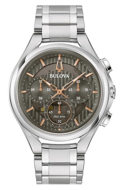 Bulova Men's Chronograph Curv Stainless Steel Bracelet Watch 44mm In Gray/silver