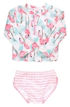 RUFFLEBUTTS RUFFLEBUTTS KIDS' VIBRANT FLAMINGO LONG SLEEVE TWO-PIECE RASHGUARD SWIMSUIT