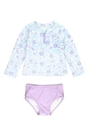 Rufflebutts Kids' Fairytale Garden Long Sleeve Two-piece Rashguard Swimsuit In Blue