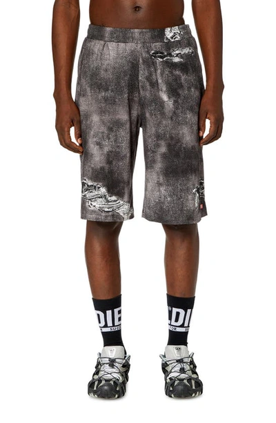Diesel Distressed Knee Length Shorts With Elastic Waistband In Gray