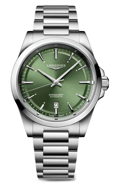 Longines Men's Swiss Automatic Conquest Stainless Steel Bracelet Watch 41mm In Green/silver