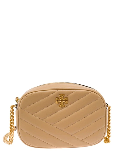 Tory Burch 'kira' Beige Crossbody Bag With Double T Detail In Chevron Leather Woman