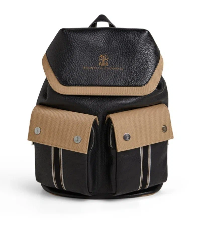 Brunello Cucinelli Kids' Logo-print Leather Backpack In 黑色
