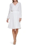 KENSIE PLEATED V-NECK LONG SLEEVE A-LINE DRESS