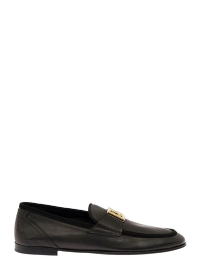 Dolce & Gabbana Black Loafers With Interlocking Dg Logo Placque In Leather Man