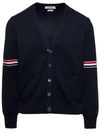 THOM BROWNE BLUE CARDIGAN WITH STRIPE DETAIL IN COTTON MAN