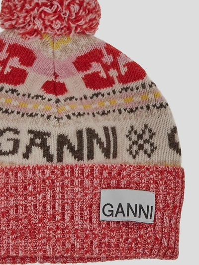 Ganni Logo-patch Intarsia-knit Beanie In Burgundy