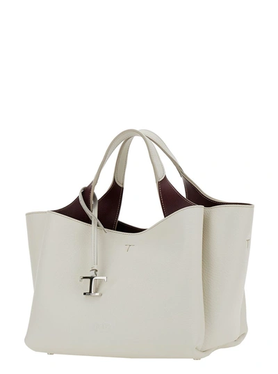 Tod's White Handbag With Embossed Logo And T Timeless Charm In Grainy Leather Woman