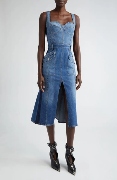 Alexander Mcqueen Sculpted Bust Denim Midi Dress With Front Slit In Blue