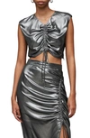 Allsaints Carla Gathered Metallic Cropped Top In Gunmetal Grey