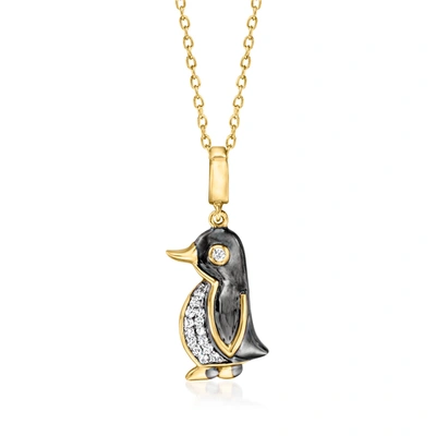 Ross-simons Diamond And Black Enamel Penguin Pendant Necklace In 18kt Gold Over Sterling In Silver