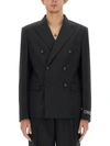 Versace Formal Wool Blazer With Logo Label In Black
