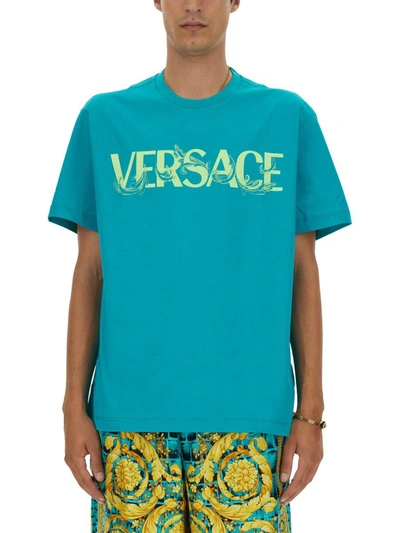 Versace T-shirt With Baroque Logo In Green
