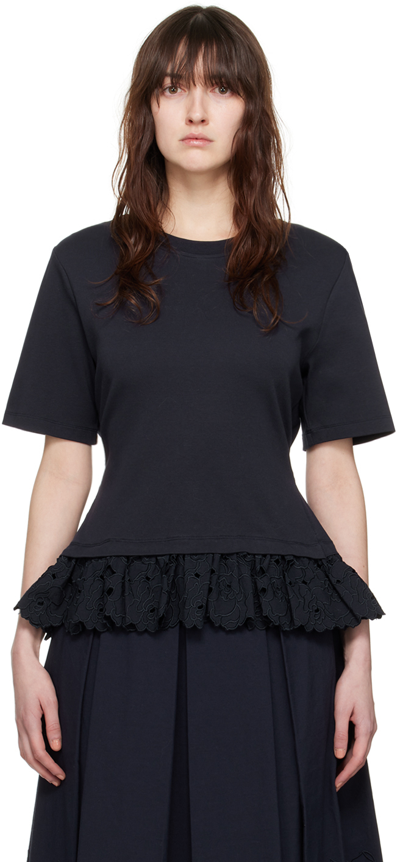 Erdem Peplum-hem Cotton T-shirt In Navy