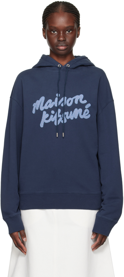 Maison Kitsuné Navy Handwriting Hoodie In P476 Ink Blue