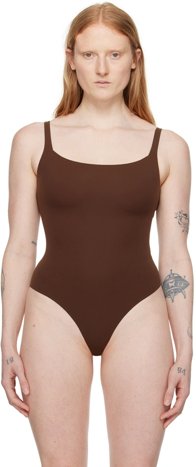 Skims Brown Fits Everybody Square Neck Bodysuit In Cocoa