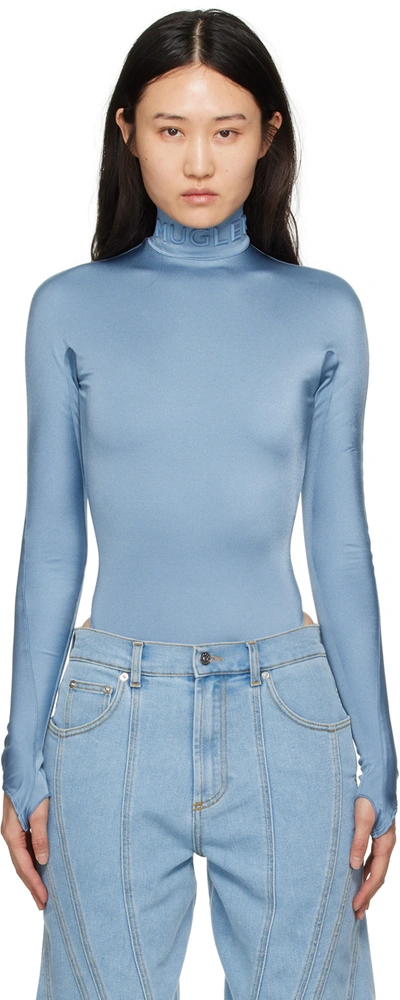 Mugler Blue High Neck Bodysuit In B680 Silver Blue/sil