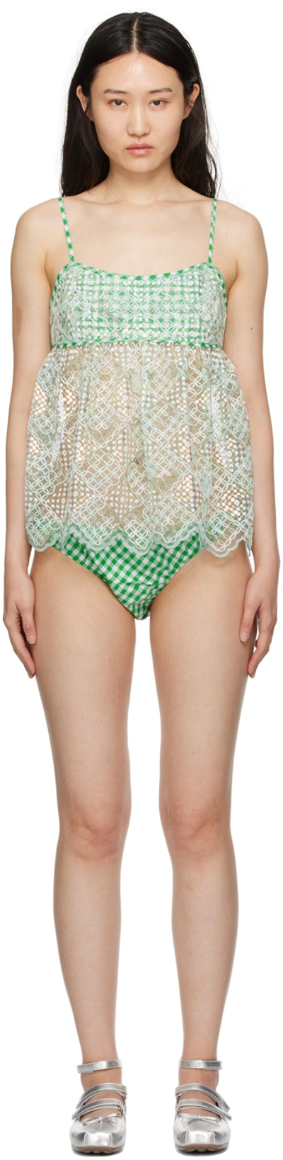 Anna Sui Green & White Gingham Bikini In Palm Green Multi
