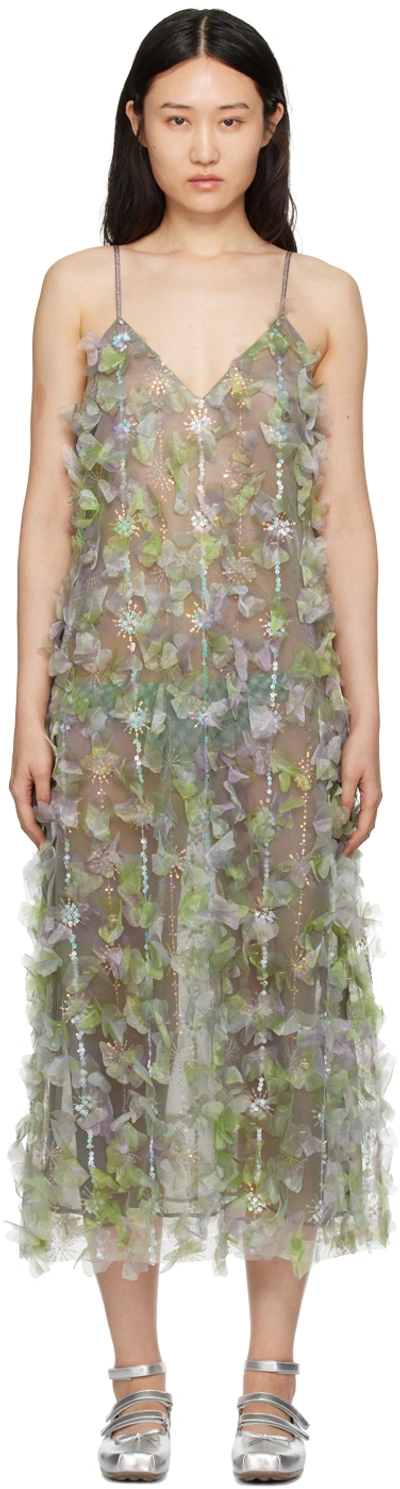 Anna Sui Green Floral Midi Dress In Palm Green Multi