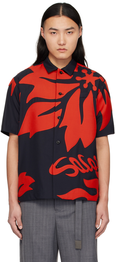 Sacai Navy & Red Floral Shirt In 217 Navyxred