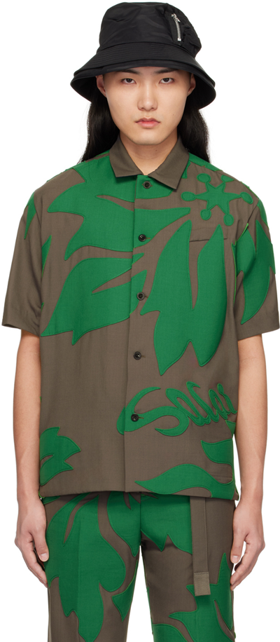 Sacai Short-sleeve Welt-pocket Boxy-fit Woven In Taupe Green