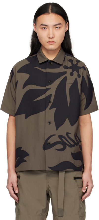 Sacai Brown & Navy Floral Shirt In 544 Taupexnavy