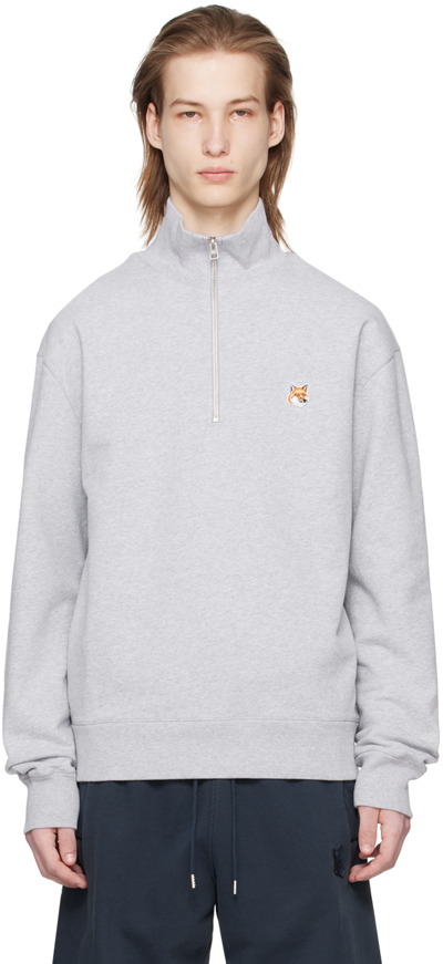 Maison Kitsuné Gray Fox Head Patch Half Zip Sweatshirt In Grey