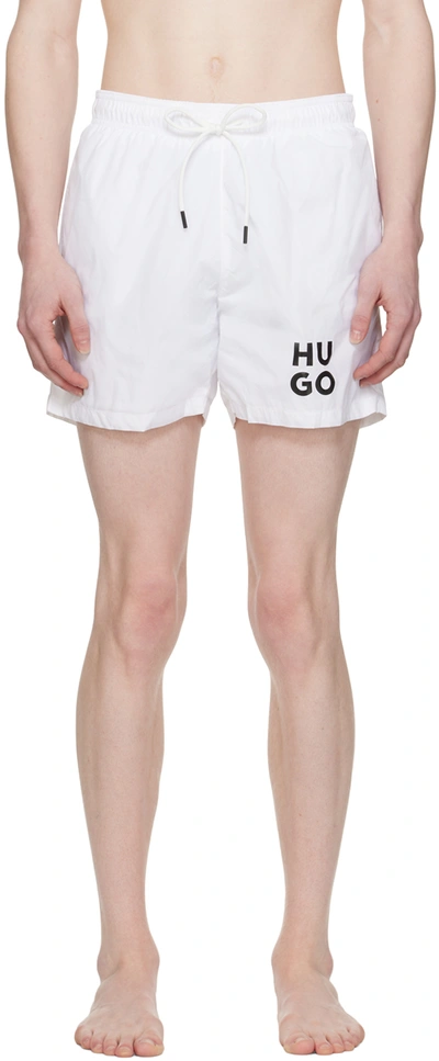 Hugo White Printed Swim Shorts In 100-white