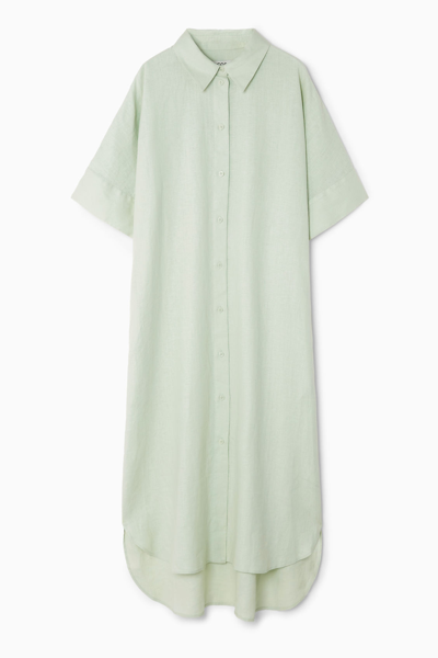 Cos Oversized Linen Midi Shirt Dress In Green