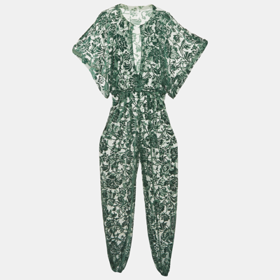 Pre-owned Norma Kamali Green Floral Pattern Tulle And Velvet Jog Jumpsuit M