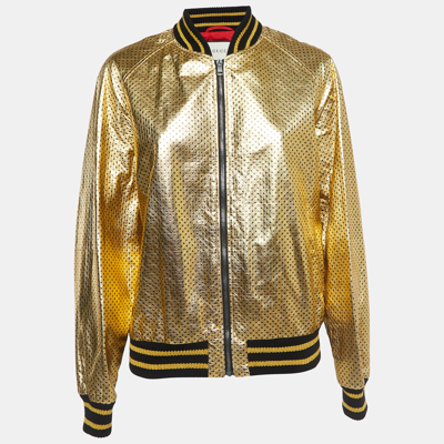 Pre-owned Gucci Gold Metallic Star Print Crinkled Leather Bomber Jacket Xs