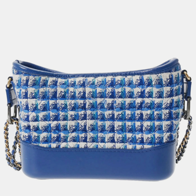 Pre-owned Chanel Blue Tweed And Leather Small Gabrielle Hobo