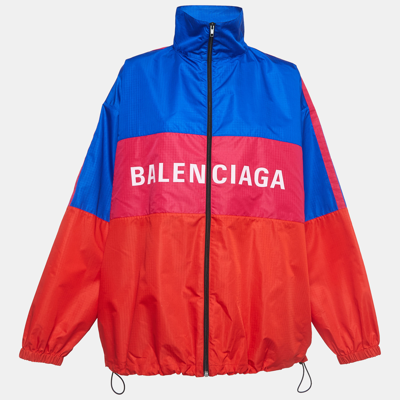 Pre-owned Balenciaga Blue/red Logo Print Synthetic Windbreaker Jacket S