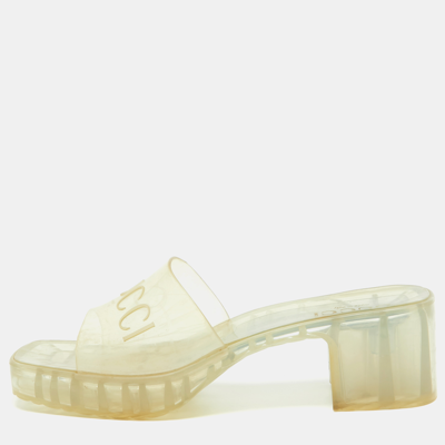 Pre-owned Gucci Transparent Pvc Embossed Logo Block Heel Slide Sandals Size 38