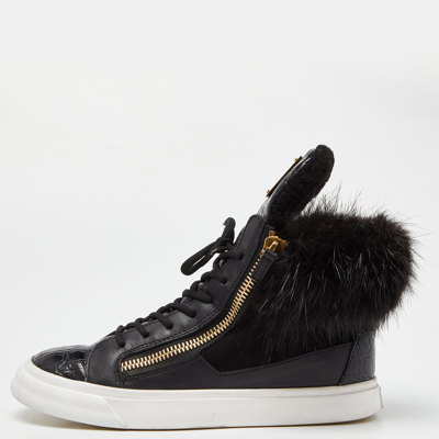 Pre-owned Giuseppe Zanotti Black Leather Suede And Calfhair London High-top Sneakers Size 37