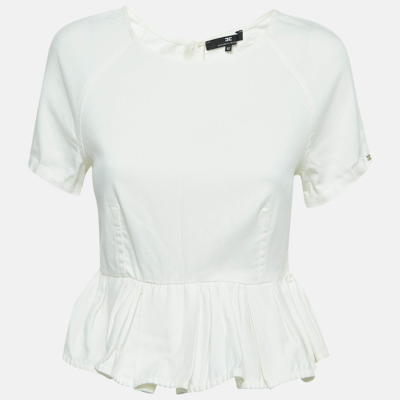 Pre-owned Elisabetta Franchi White Denim Gathered Short Sleeve Blouse M