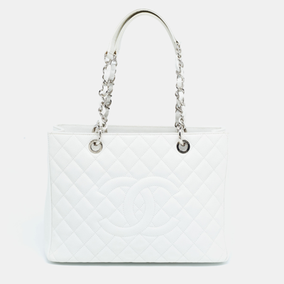 Pre-owned Chanel White Quilted Caviar Leather Grand Shopping Tote