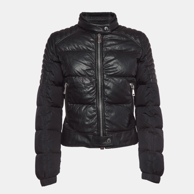 Pre-owned Moncler Black Logo Applique Leather Trim Nylon Zipper Puffer Jacket S