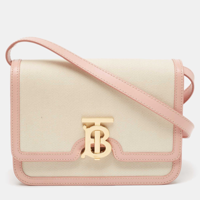 Pre-owned Burberry Cream/pink Canvas And Leather Small Tb Shoulder Bag